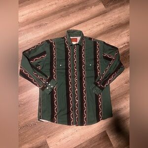 Vintage Rustler Men's Green and red Aztec pearl snap Patterned Shirt